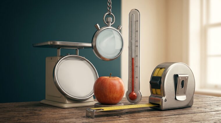 Illustration : une petite pomme posée sur une table, cernée par quatre instruments de mesure démesurément gros et incompatibles entre eux, une balance, un chronomètre, un thermomètre et un ruban à mesurer.