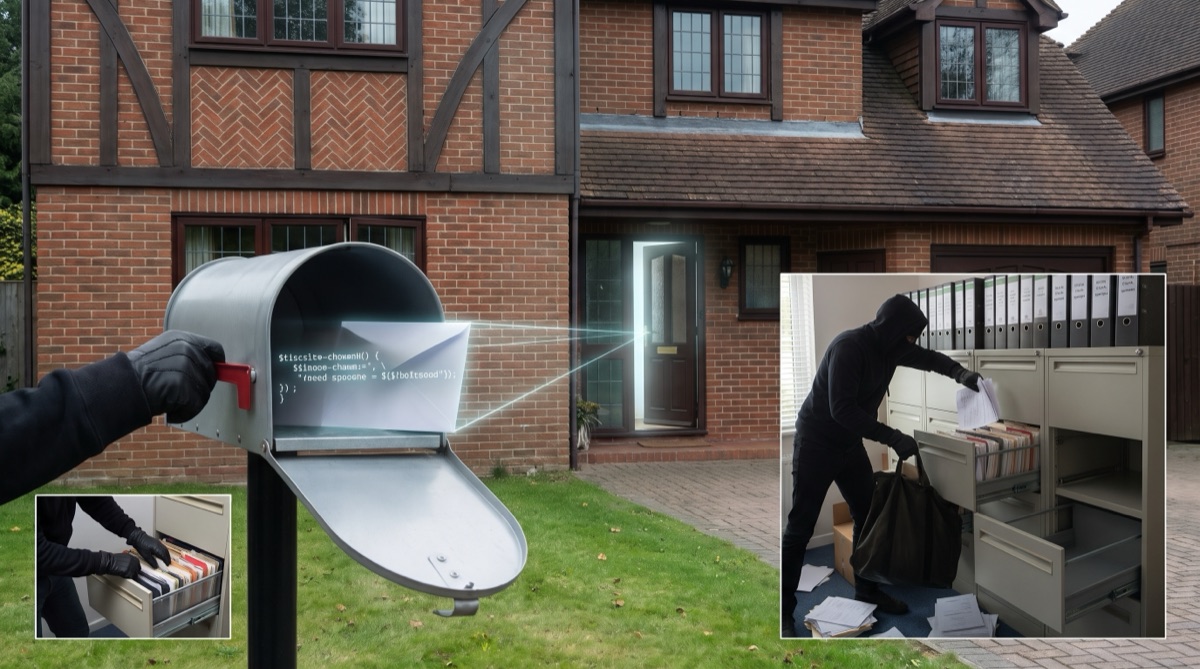 Illustration de l'injection SQL : une main glisse dans une boîte aux lettres une enveloppe remplie de code, un faisceau ouvre la porte d'entrée et un cambrioleur vide un classeur de dossiers.