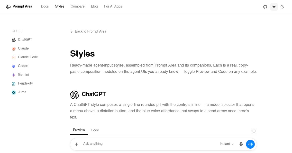 Capture d'écran de ChatGPT, Claude and Codex-style chat inputs in one React component