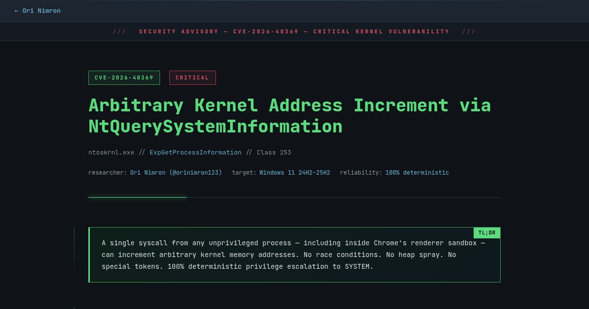 Capture d'écran de CVE-2026-40369 Windows Kernel Arbitrary Write Chrome SBX