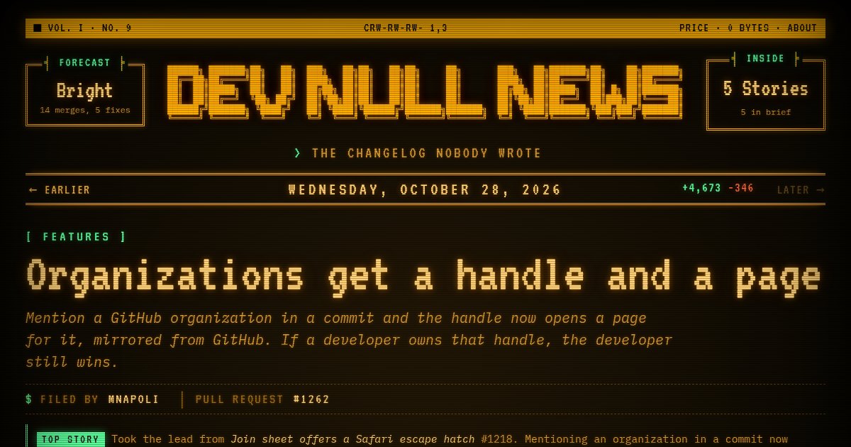 Capture d'écran de Dev Null News, a daily paper so you don't have to read every merged PR