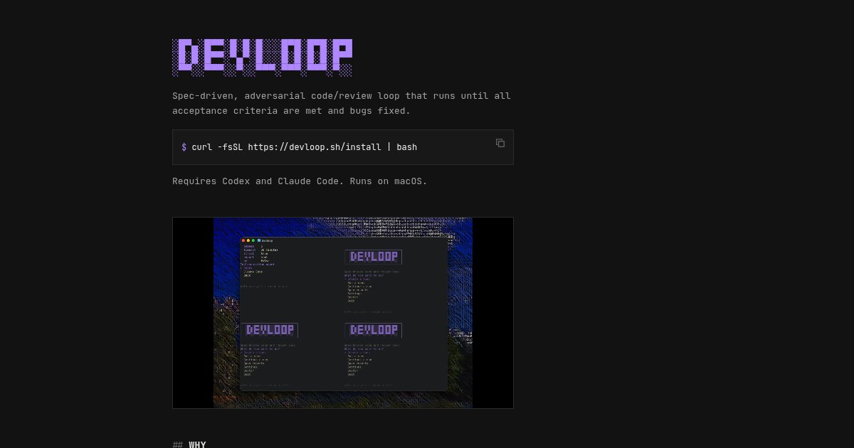 Capture d'écran de Devloop, a local code/review loop for Codex and Claude Code