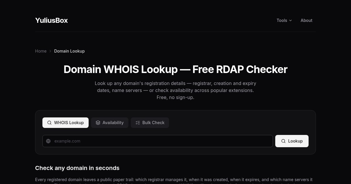 Capture d'écran de Free domain RDAP lookup, availability and bulk check