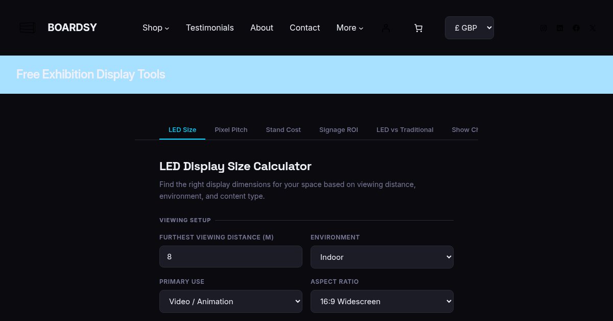 Capture d'écran de Free LED pixel-pitch and display-size calculators (open source)