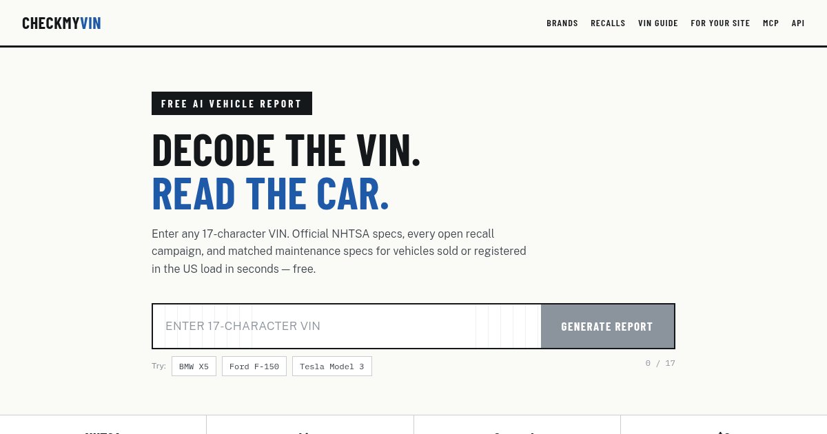 Capture d'écran de Free VIN Decoder with AI Summaries on Cloudflare Workers and NHTSA Data
