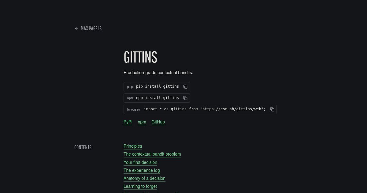 Capture d'écran de Gittins, an online bandit engine that enforces log correctness