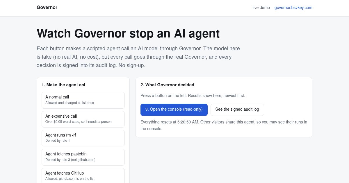 Capture d'écran de Governor, a firewall for AI agent spend and tool calls