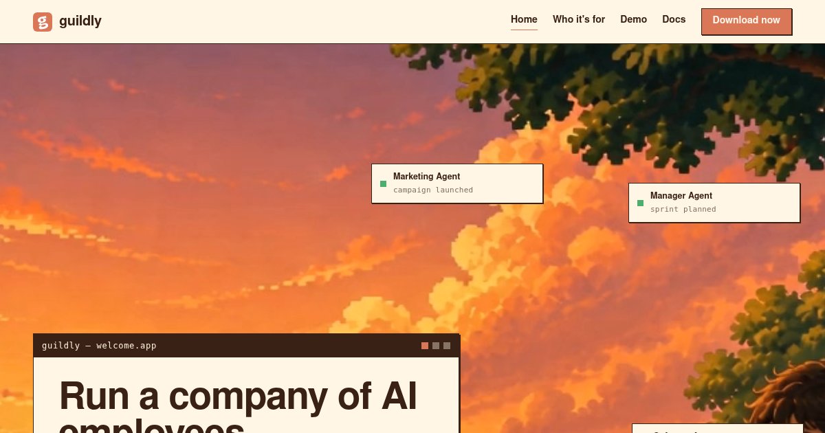 Capture d'écran de Guildly, a Slack like interface to run a company of AI employees