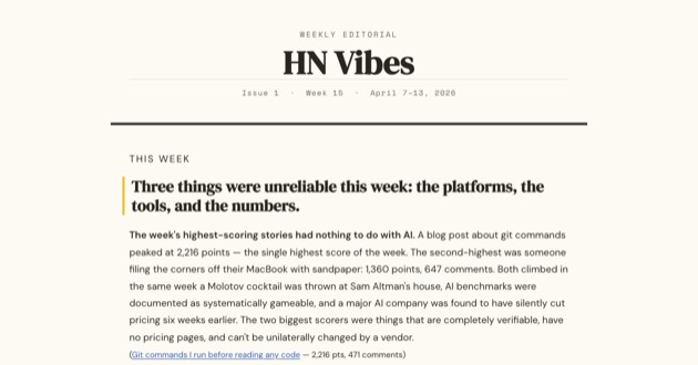 Capture d'écran de I made a weekly editorial on what HN was feeling and building