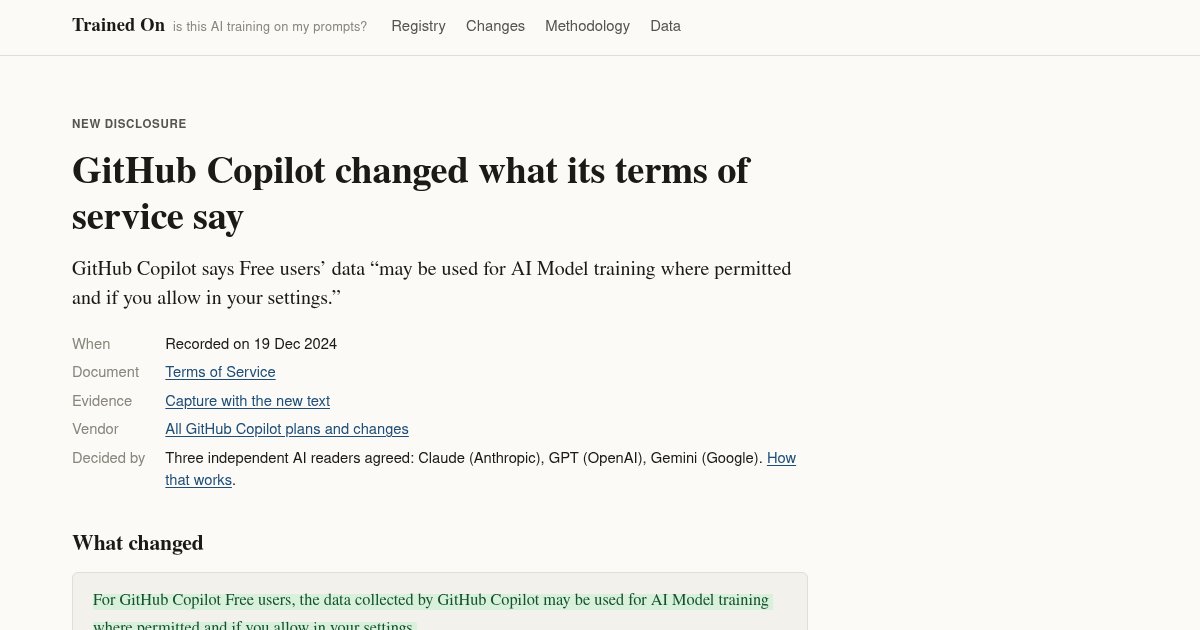 Capture d'écran de Is this AI training on my prompts? A dated record of the fine print