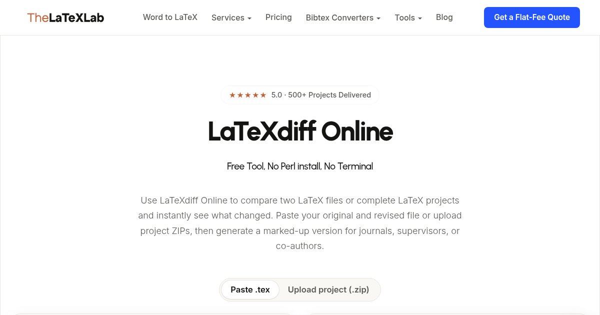 Capture d'écran de Latexdiff online in browser (no login)