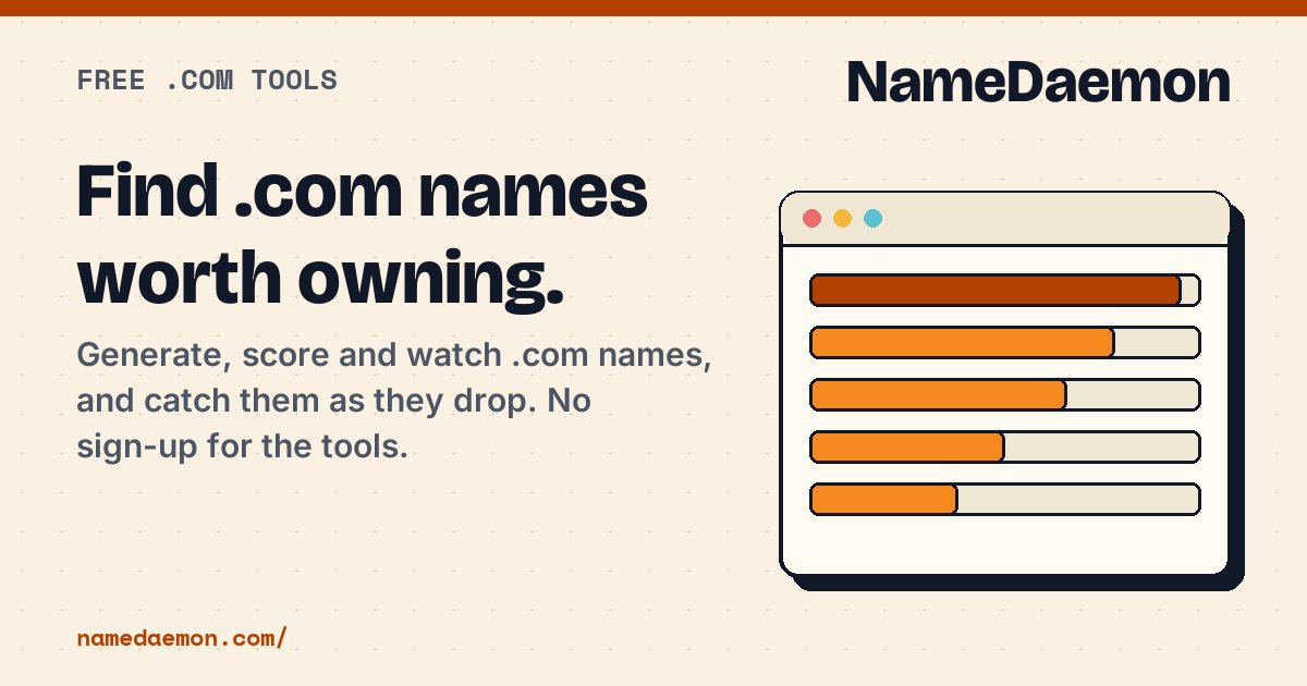 Capture d'écran de NameDaemon, free .com domain tools built on the daily zone file