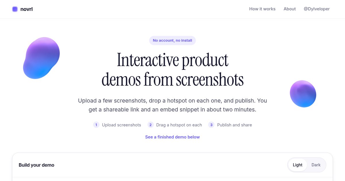 Capture d'écran de Novrl, clickable product demos from screenshots, no account needed