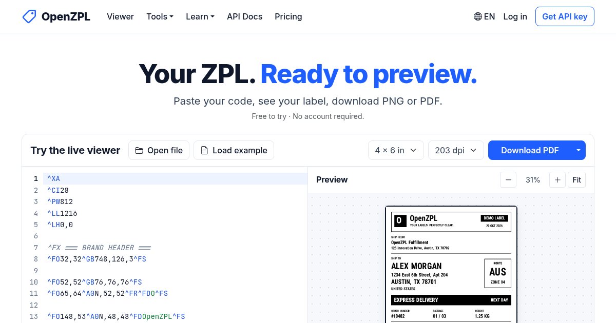 Capture d'écran de OpenZPL. Render Zebra ZPL Labels to PNG/PDF, Drop-In for Labelary