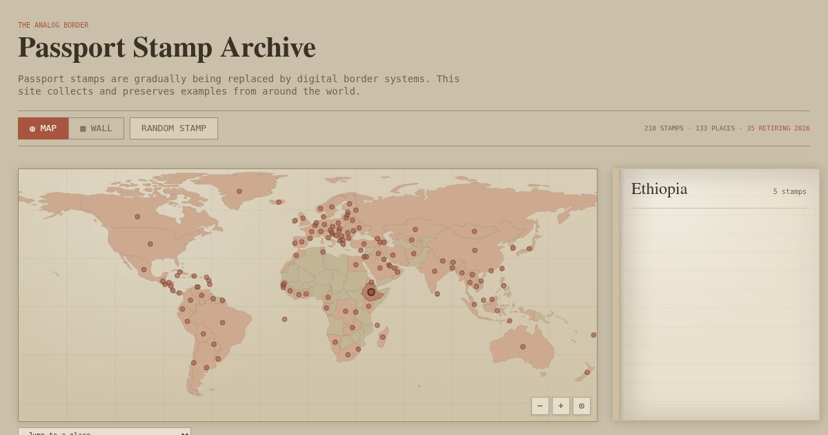 Capture d'écran de Passport Stamp Archive, browse real border stamps from around the world