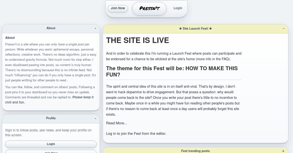 Capture d'écran de Pressn't, a site where you can have a single post