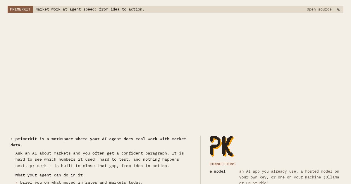 Capture d'écran de PrimerKit, financial market work at agent speed