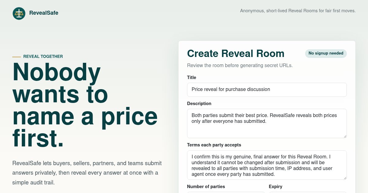 Capture d'écran de RevealSafe: Buyer and seller privately submit price; reveal together