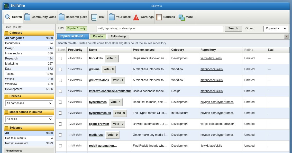 Capture d'écran de SkillWire, a searchable catalog for coding-agent skills