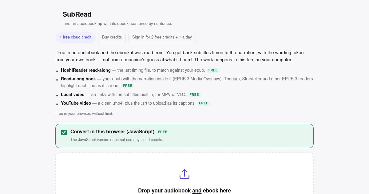 Capture d'écran de SubRead: line up an audiobook with its eBook, in the browser