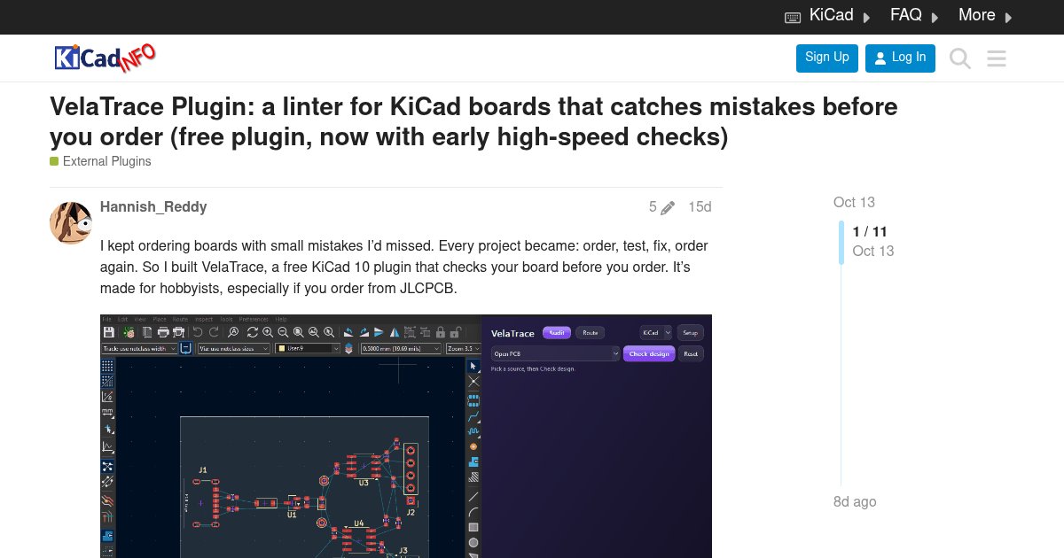 Capture d'écran de VelaTrace KiCad plugin: Catch PCB mistakes before you order the board