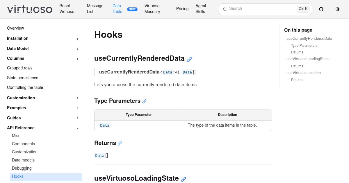 Capture d'écran de Virtuoso Data Table: virtualized rows and columns, Shadcn-based styling