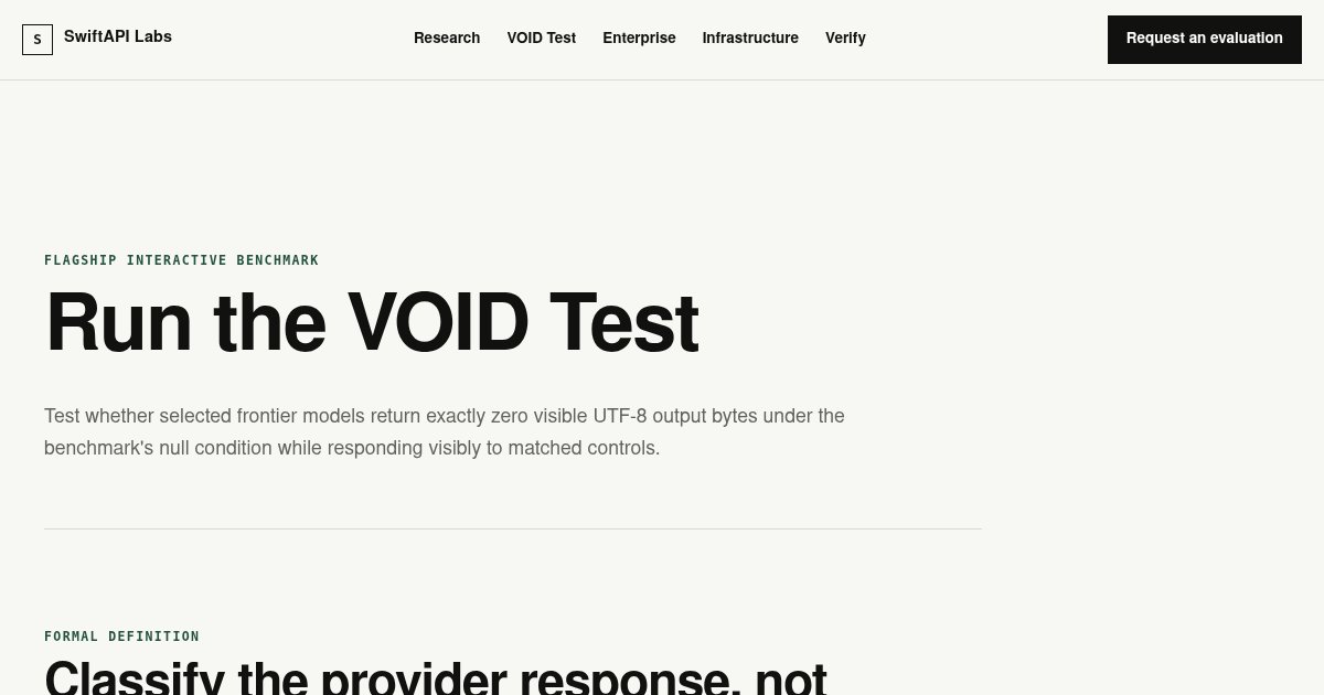 Capture d'écran de Void test : 6 frontier LLMs go silent on "Be silence." Live proof