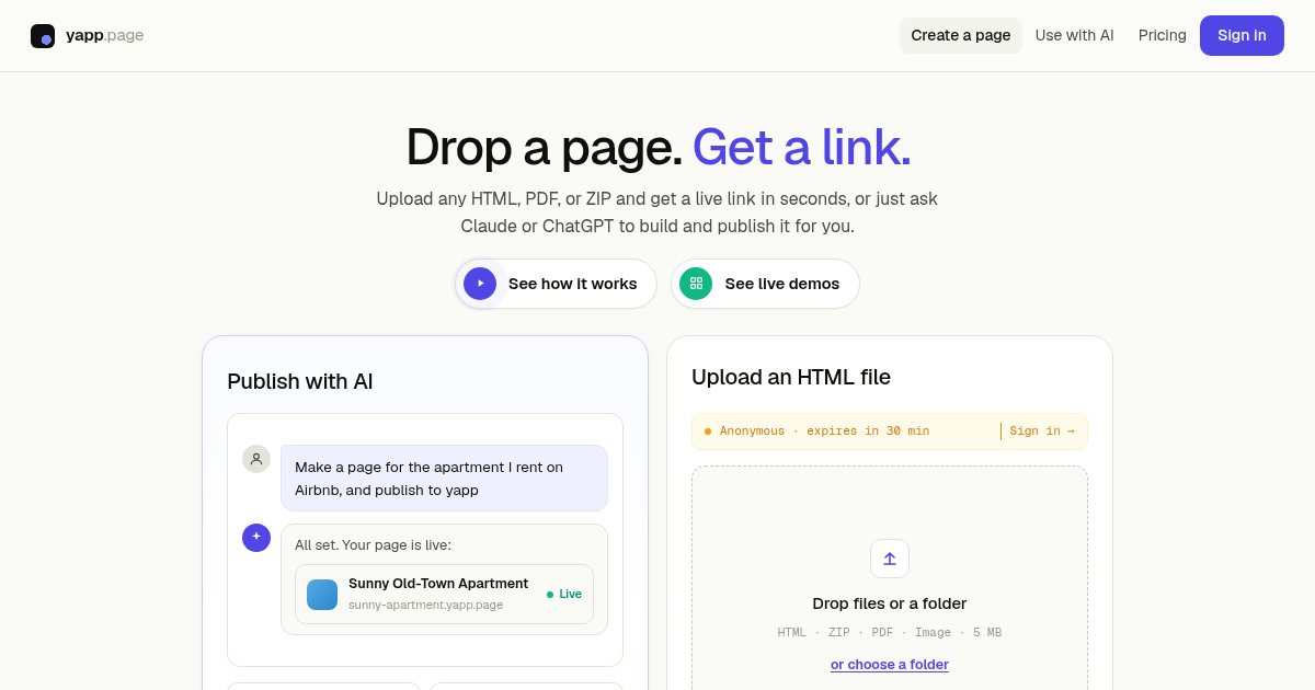 Capture d'écran de Yapp.page, publish a webpage from a Claude or ChatGPT chat